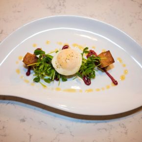 Berkshire Pork Belly, Poached Egg, Pea shoots, cranberry, mostarda