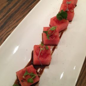 Bruschetta Tomato Stuffed Watermelon Cubes with 50 year Balsamic