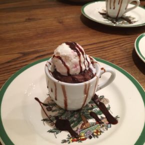 Mini Bittersweet Chocolate Pudding Cakes with Peppermint Ice Cream and Chocolate Sauce