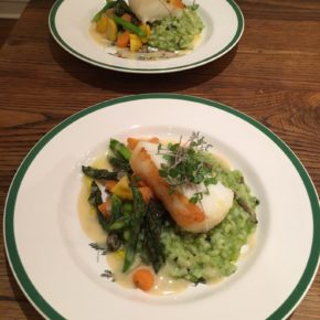 Roasted Chilean Sea Bass, Sweet Pea Risotto, Meyer Lemon Beurre Blanc