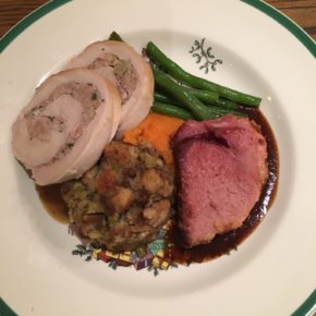 Stuffed Turkey Roulade, Berkshire Ham, Sausage Dressing, Sweet Potato, Green Beans, Two Gravies